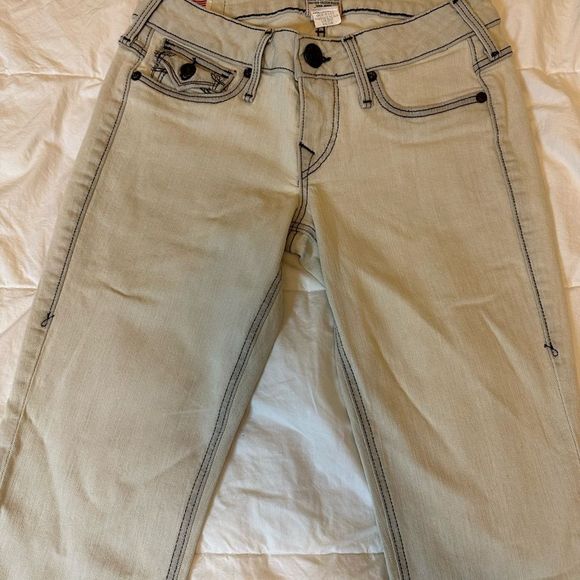True Religion women's jeans Flare wide leg low rise size 26 western style cream - Picture 2 of 16